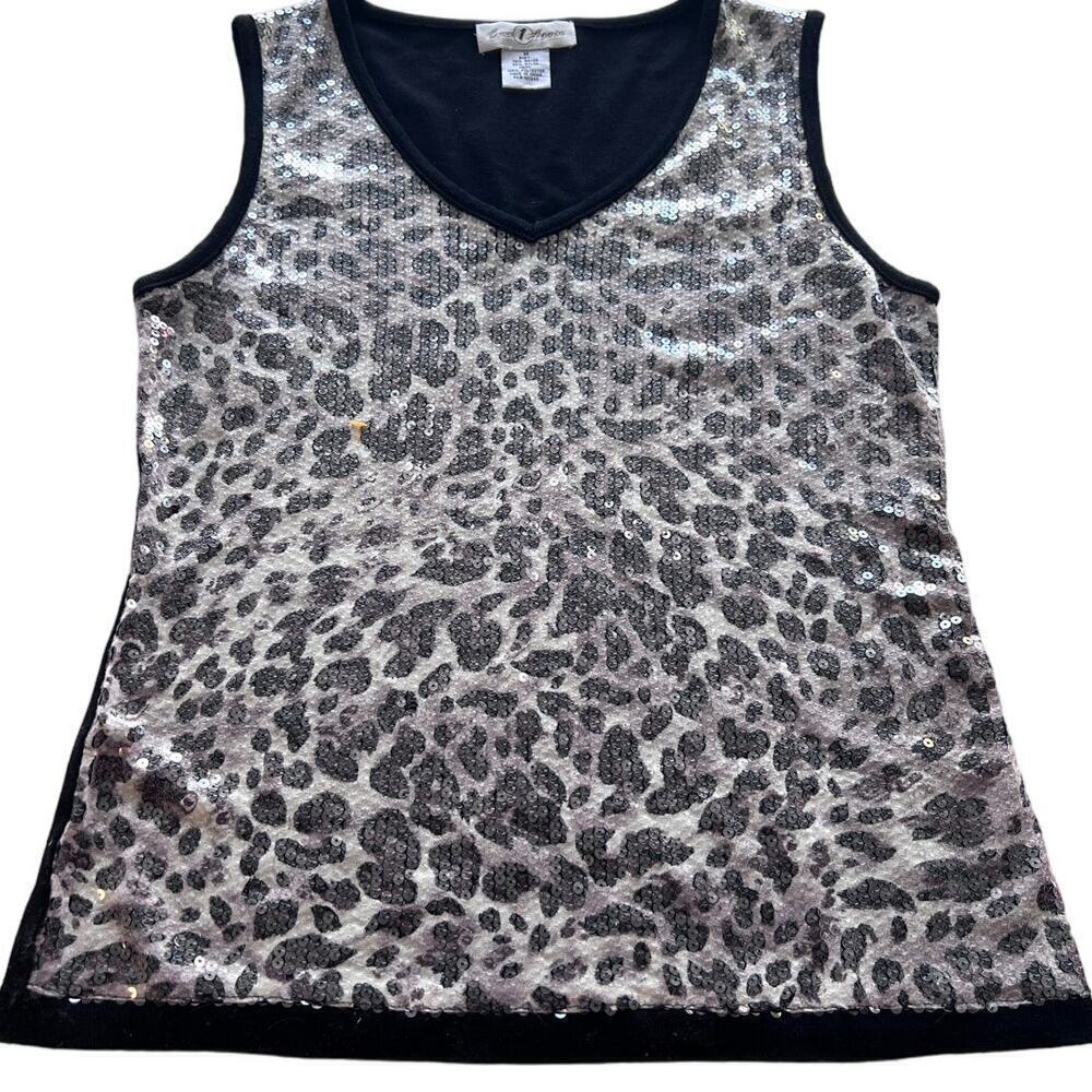 Once 1 Again Black/Gray Animal Print Sequin V-Neck Tank- M